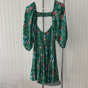 Free People Floral Green Dress with Puff Sleeves